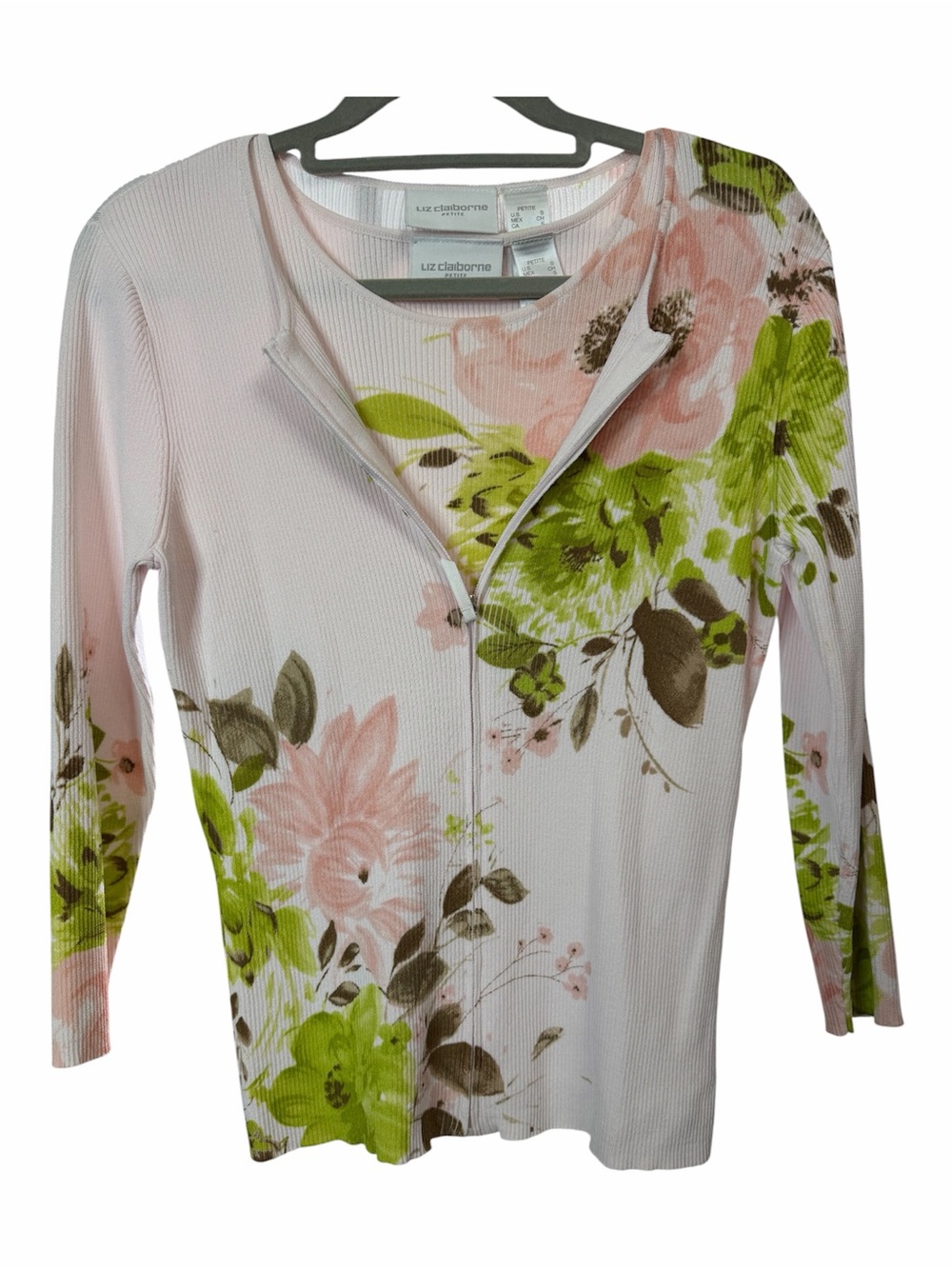 Liz Claiborne petite Pink Floral Zip-Front Twinset 2-piece Cardigan and tank top